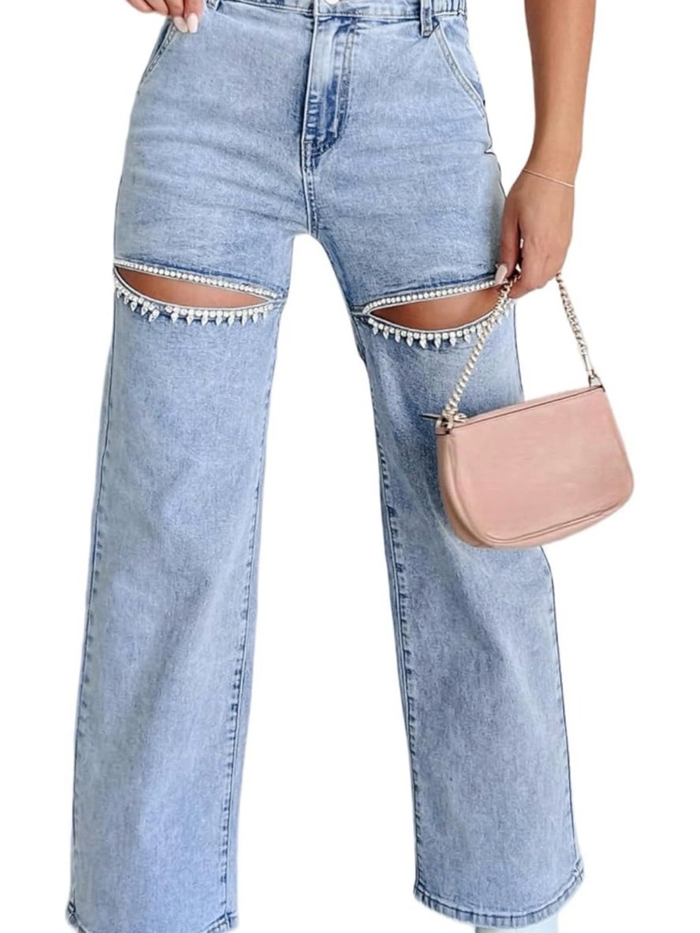 Light Blue Distressed Wide-Leg Jeans with Knee Cutouts